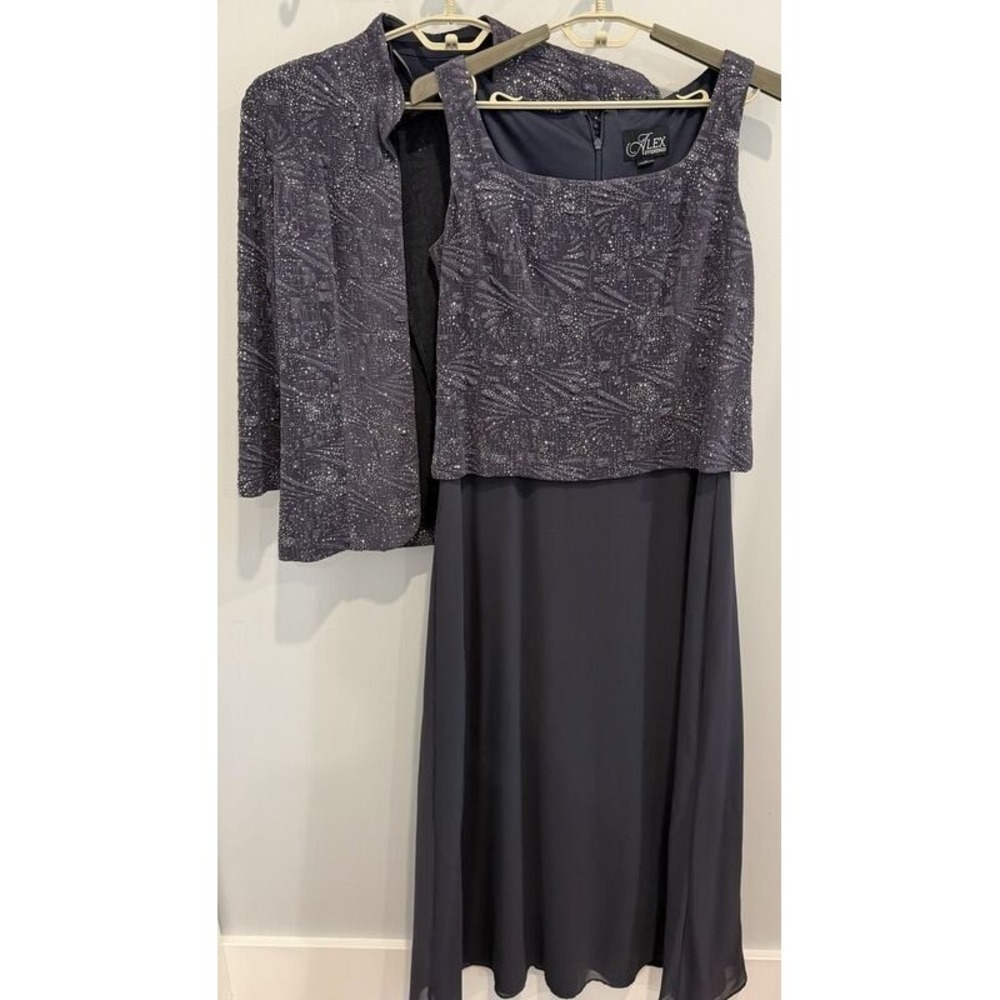 Alex Evenings Formal Evening Gown Wedding Long Dress Jacket Set Gray Sparkle 16